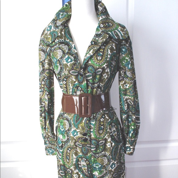 Vintage English Designer GREEN Paisley Print Shirt Dress 34 - Picture 5 of 15